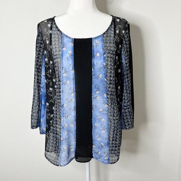 Style & Co Womens Peasant Top M Blue & Black Floral Mix Print Bell Sleeve Sheer - Picture 3 of 10
